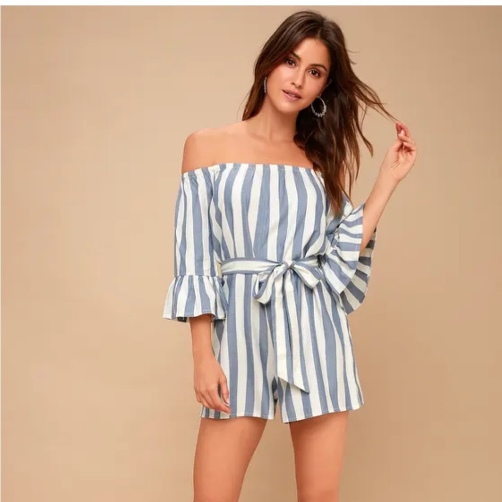 Fun For Now Blue and White Striped Off-the-Shoulder Romper Billabong, Luli’s, sm
